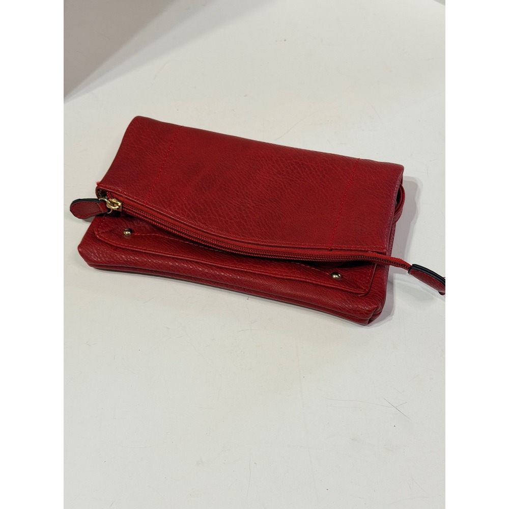 Red Faux Leather Foldover Crossbody Clutch Bag Gold Tone Hardware New
